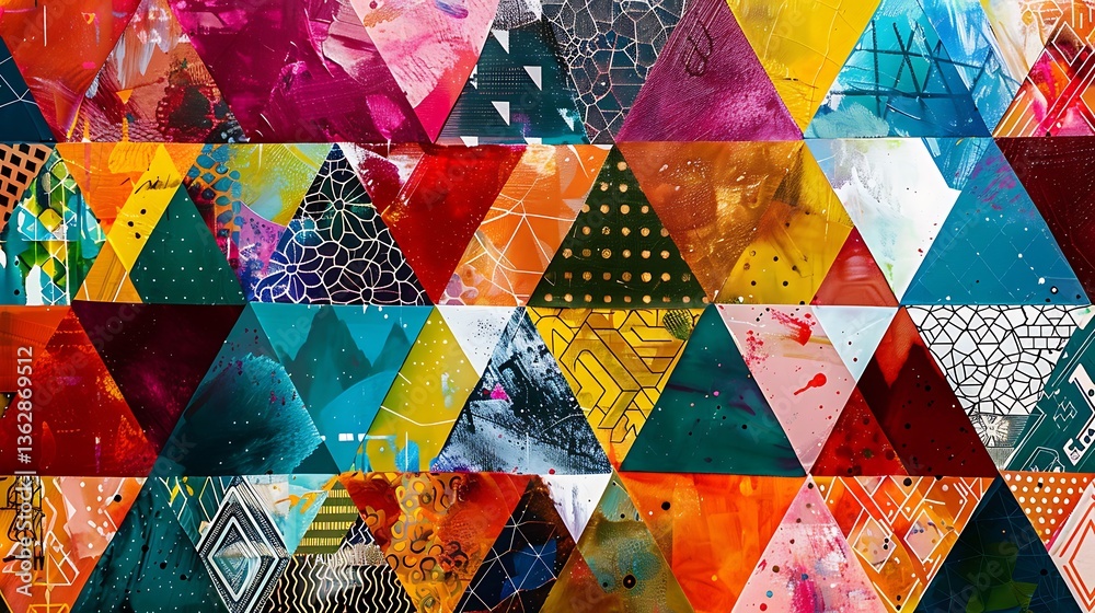 Poster a vibrant background with an array of colorful triangles, each filled with different patterns and te