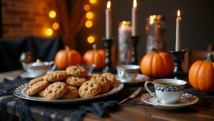 Naklejka premium Hosting a Spooktacular Halloween Tea Party: Themed Decorations, Spooky Elements, and Festive Treats for a Fun and Eerie Gathering Perfect for Halloween Events - A Cute Vector Illustration Guide