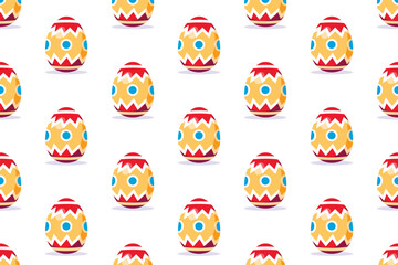 Seamless Easter egg pattern with colorful decorations on white background. Ideal for holiday designs, kids' crafts, wrapping paper, and greeting cards.