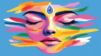 Fototapeta premium Vibrant abstract depiction of a serene face with colorful brush strokes on a blue background representing tranquility and artistry