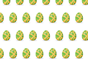 Seamless pattern of green Easter eggs decorated with yellow ribbon stripes on white background. Perfect for spring, kids’ crafts, and festive packaging.