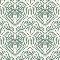 Monochrome green brush strokes inky flowers seamless pattern damask style. Abstract modern floral background. Textured botanical minimalist wallpaper