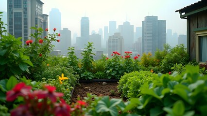 Lush Rooftop Garden Oasis with Cityscape Views, Featuring a Variety of Plants and Flowers