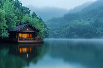 Fototapeta premium Serene Lake House in Foggy Forest, Peaceful Water Reflection, Misty Mountains View