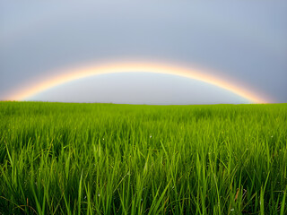 Naklejka premium rainbow over green field