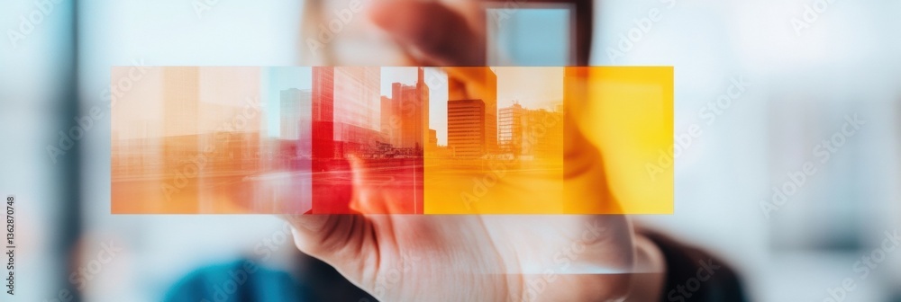 Poster Immersive Urban Investment Visualization Blurred Digital Real Estate Analytics with Gradient Color Technology, Transforming Financial Strategy and Property Insight Dynamics