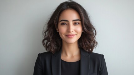 Smiling business woman in black suit on light background looking at camera. Suitable for corporate websites, advertising of business services, career articles.