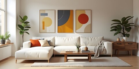 Cosy and stylish interior design of living room with modular white sofa, wooden furniture’s, paintings on the wall, decorations.