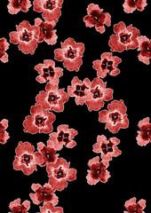 Seamless pattern created from a watercolor painting, with a motif of small red flowers on a black background
