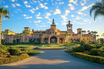 Fototapeta premium Grand Facade of Golf Club Building, Landscaped Grounds, Blue Sky and Palm Trees, Day