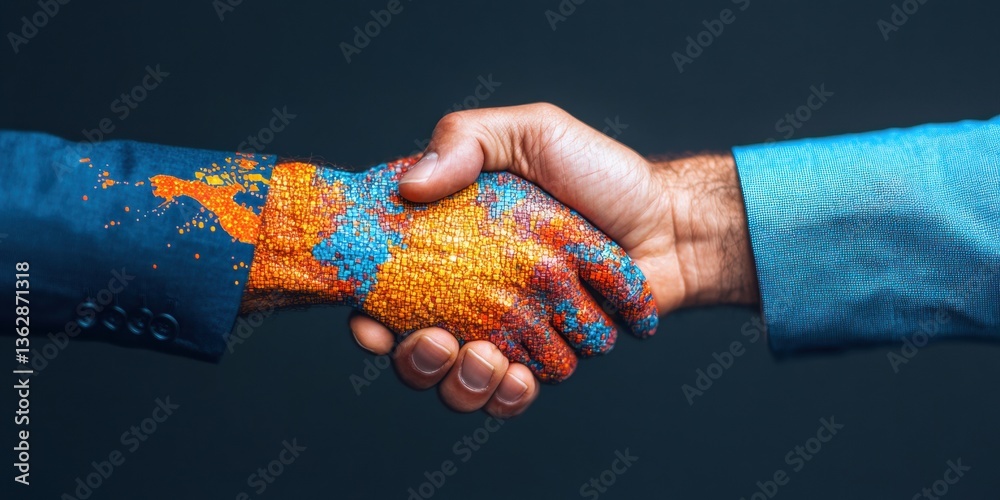 Leinwandbilder Immersive Digital Transformation AI-Powered Global Collaboration Visualizing Innovative Cross-Continental Partnership Through Pixelated Network Handshake