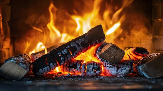 Crackling Firewood in Cozy Fireplace with Emitting Warm Glows and Dancing Flames