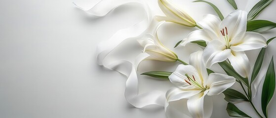Elegant white lily blossoms with flowing ribbon on a bright backdrop creating a serene and sophisticated floral arrangement for peaceful themes