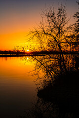 Sunset with reflections near Straubing, Danube, Straubing-Bogen, Bavaria, Germany