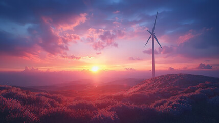 Obraz premium Wind turbine on a hill at sunset, representing the concept of eco power energy in nature