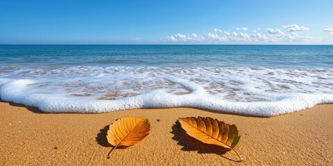 Obraz premium Waves lapping at autumn leaves on sandy beach coastal paradise nature scene serene environment panoramic view