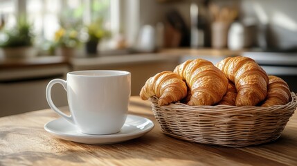 Golden croissants in rustic basket with white coffee cup on wooden table in sunlit kitchen
