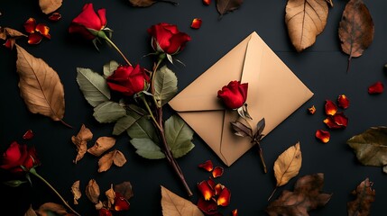 Autumnal Romance: Red Roses and a Golden Envelope AI Generated