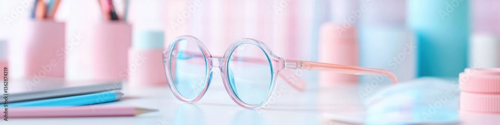 Poster pastel productivity essentials soft translucent eyewear with modern minimalist workspace design - st