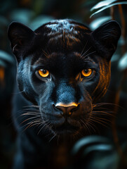 A black panther lurks in the bushes.