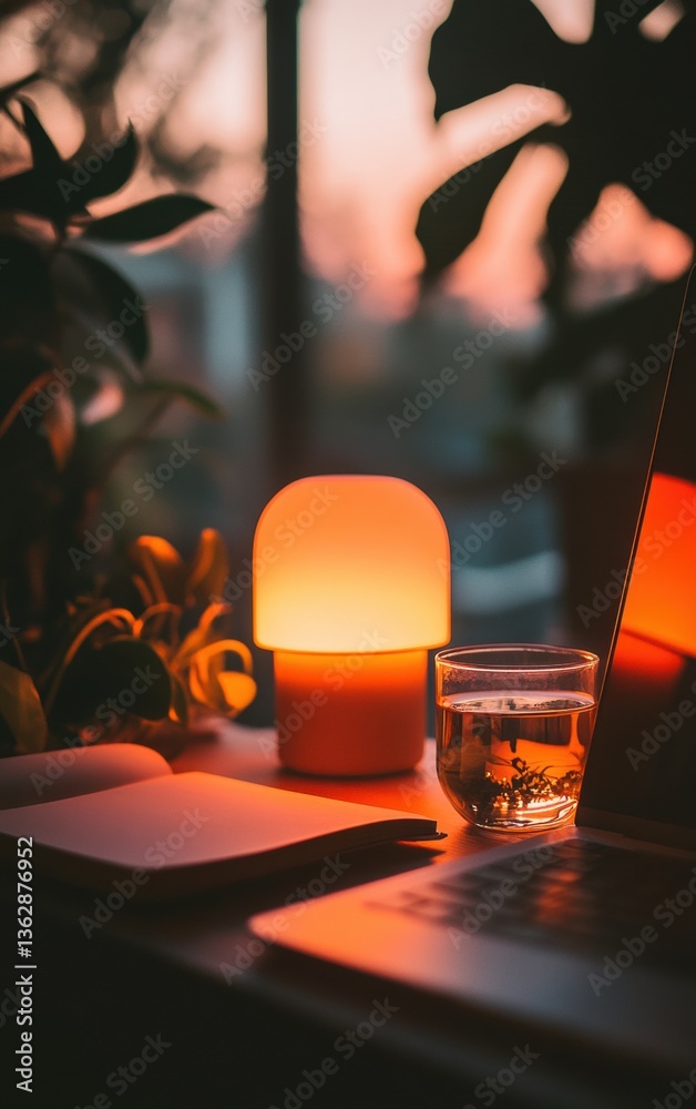 Poster mindful productivity sanctuary soft-glow ambient workspace with warm lighting, herbal wellness and d