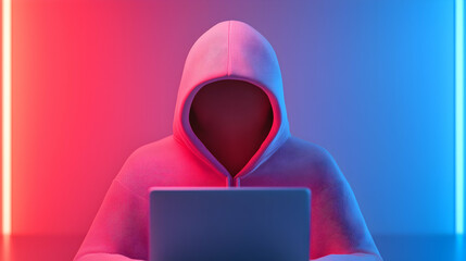 Anonymous Hooded Hacker Working on Laptop with Red and Blue Neon Lighting