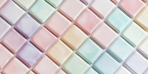 Pastel-colored square tiles arranged diagonally, showcasing a soft, textured surface. Represents calmness, serenity, and subtle elegance, ideal for backgrounds or design inspiration
