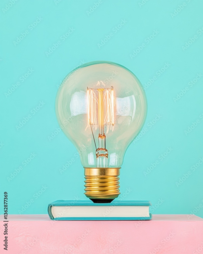 Leinwandbilder innovative learning solutions vintage edison bulb on minimalist book stack - digital education and c