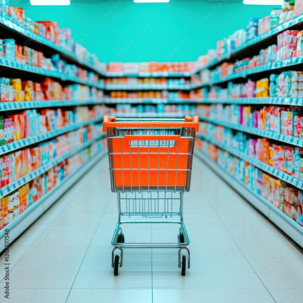 Poster hypermodern retail experience dynamic shopping cart journey through minimalist grocery aisle - consu