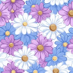 Fototapeta premium Seamless floral pattern with blue white and purple daisies in a cheerful arrangement perfect for backgrounds and textiles with a bright and fresh style
