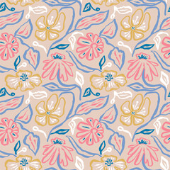 Fototapeta premium Colorful pastel ditsy flowers seamless pattern. Abstract modern floral background. Textured botanical minimalist wallpaper