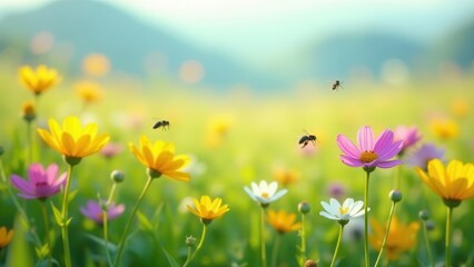 Obraz premium Serene Meadow with Vibrant Blossoms and Busy Bees in Flight