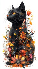 A striking illustration of a black cat nestled amongst a vibrant array of autumnal flowers. The rich colors and intricate details create a captivating image.