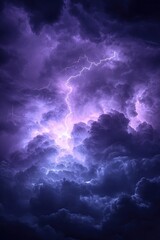 Fototapeta premium Dramatic lightning strike illuminating dark stormy clouds in a captivating atmospheric scene with a purple hue creating a powerful and awe inspiring natural spectacle