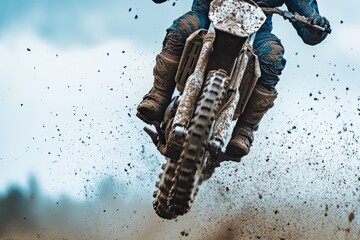 Obraz premium A motocross rider soaring through the air with mud flying and intense focus
