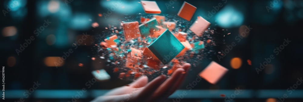 Poster immersive digital transformation cinematic cube explosion visualizing ai-powered innovation, dynamic
