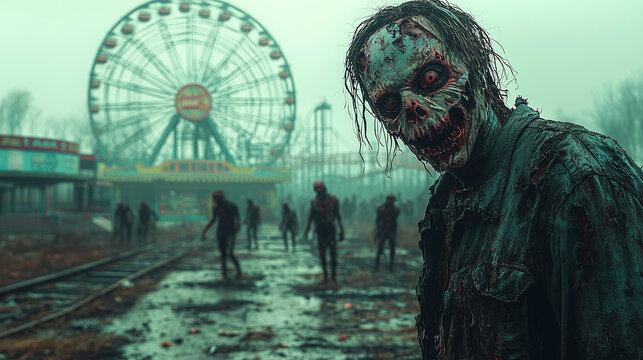 A zombie apocalypse in an abandoned theme park. The zombies are dressed in carnival costumes, their faces frozen in grotesque, painted smiles