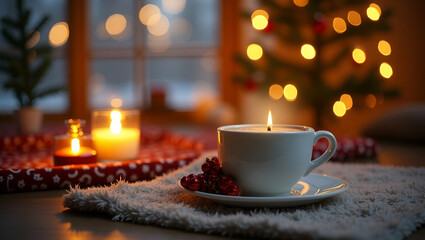 Cozy Winter Scene: Festive Decorations & Warm Drinks for Inviting Holiday Marketing & Lifestyle Themes - Cute Flat Vector Illustration for Smart Business