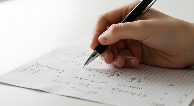 A student’s hand solving a math equation on a piece of graph paper, white background