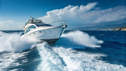 Luxury white yacht cutting through ocean waves at high speed under clear blue sky with mountain coastline in background, symbolizing freedom, thrill and summer adventure