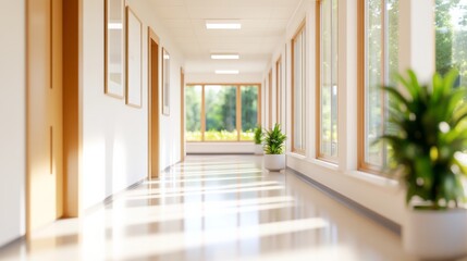 Bright hallway interior featuring doors windows and potted plants