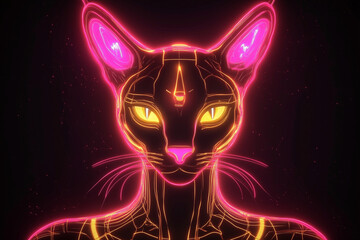 Bastet, the divine protector in glowing neon, embodies the mystic power of cat