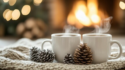 Fototapeta premium Warm cups of coffee by the cozy fireplace winter evening lifestyle photography comforting atmosphere intimate view