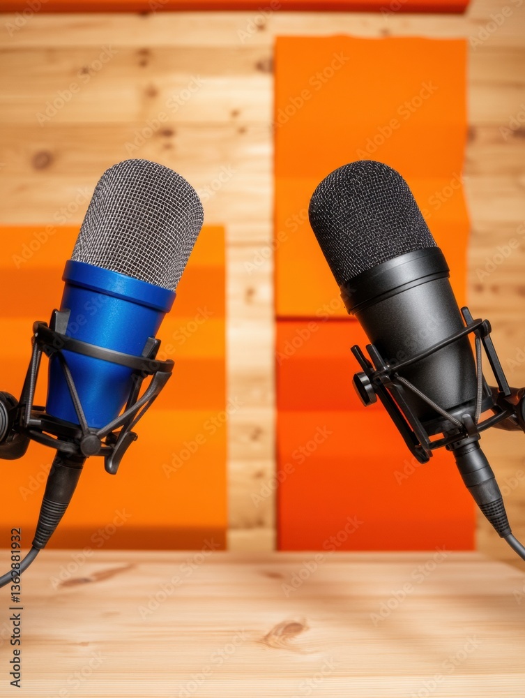 Fototapete modern audio storytelling professional podcast recording setup with vibrant color-coded microphones 