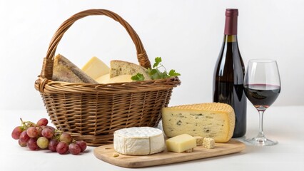 Naklejka premium Picnic-themed basket of assorted cheese, wine and grapes on white background with wooden board and glass, representing gourmet dining, rustic charm, and wine pairing