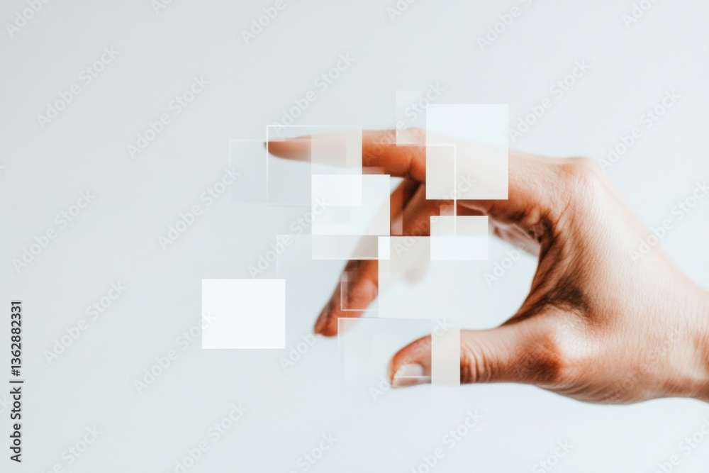 Leinwandbilder fragmented connectivity minimalist hand manipulating translucent digital puzzle pieces - innovative 