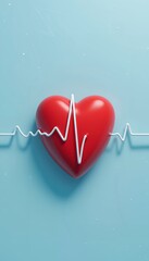Red glossy heart with ECG line on pastel blue background, symbolizing love and health