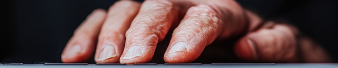 Fototapeta premium Minimalist Ergonomic Workspace Aged Hands Navigating Digital Productivity in Soft Light - Capturing Intergenerational Remote Work Dynamics