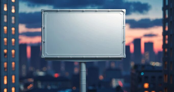 Blank white billboard in the background during the evening, seen from a perspective view. Mock-up, advertising idea.