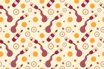 Seamless pattern, red wine, drops, orange, apple, anise. Vector flat illustration for menu design, packaging. Autumn atmospheric picture